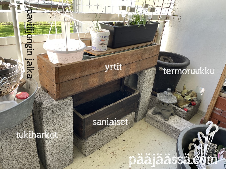 Itse rakennettu puinen parvekelaatikko